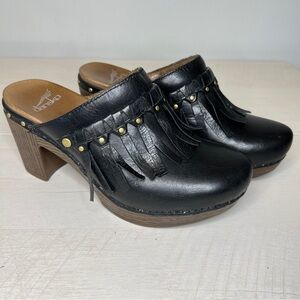 Dansko Deni Fringe Black Leather Platform Mule Clogs